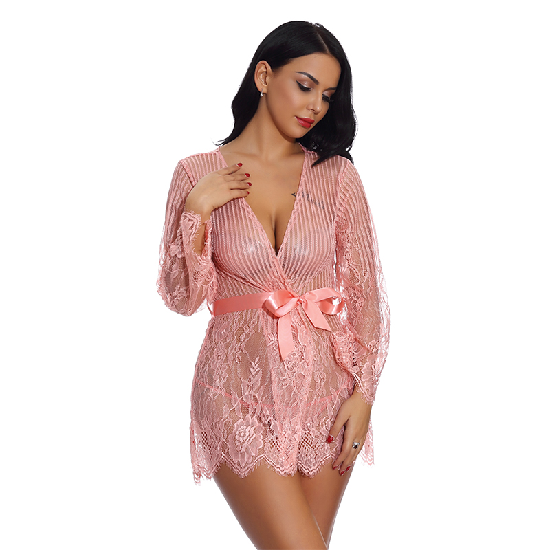 Sexy Deep V Lace Robe Skirt Set