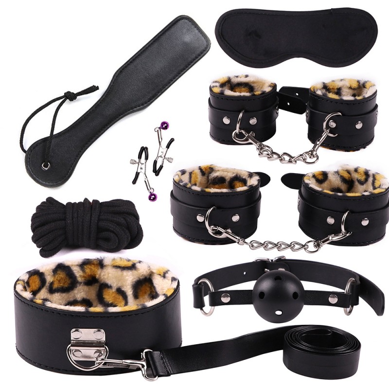 8pcs Leopard Fur Lined Leather Bondage Kit I