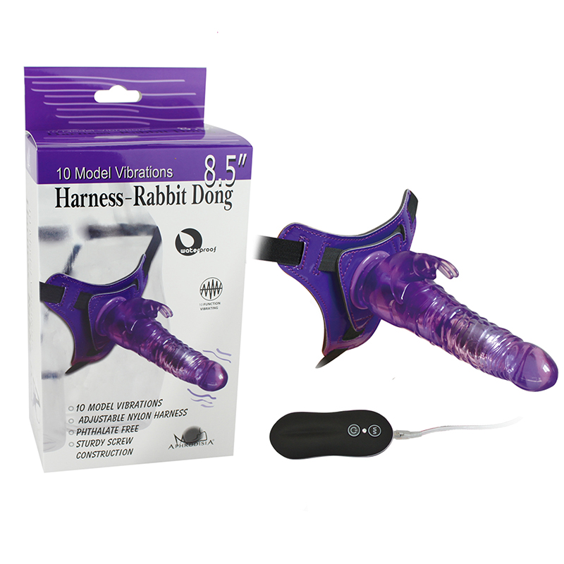 10 Mode Vibrating Harness Rabbit Dildo-8.5 Inch